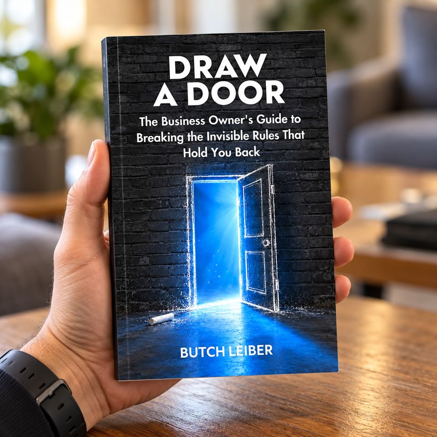 The book Draw A Door by Butch Leiber, its cover showing a glowing doorway drawn on a dark brick wall